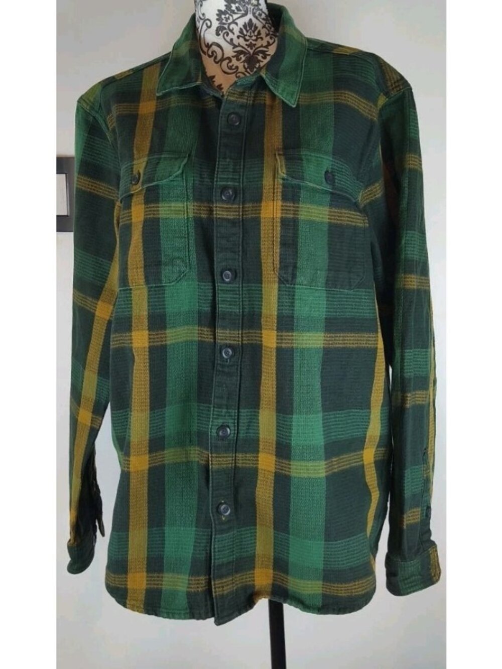 Patagonia Organic Cotton Plaid Shacket Men XL Green Yellow Overshirt Heavyweight